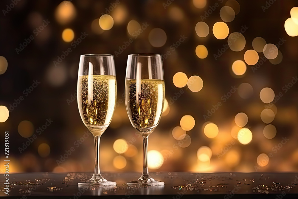 Glasses of champagne on bokeh background. New Year celebration Glasses of champagne on bokeh background. New Year celebration