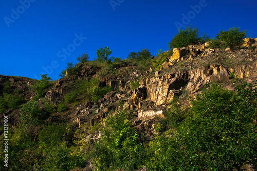 A rocky hillside covered with green shrubs under a clear blue sky.