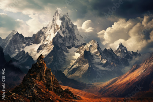Beautiful mountain landscape with snow-capped peaks in the clouds