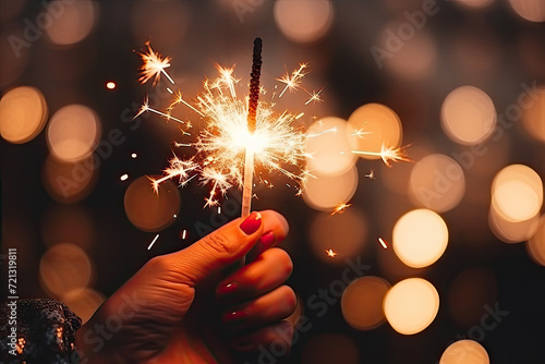 Woman hands holding sparkler on bokeh background. New year concept