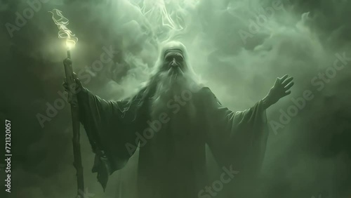 Old sorcerer with outstretched arms holding a staff. dark background with smoke. Generative AI photo