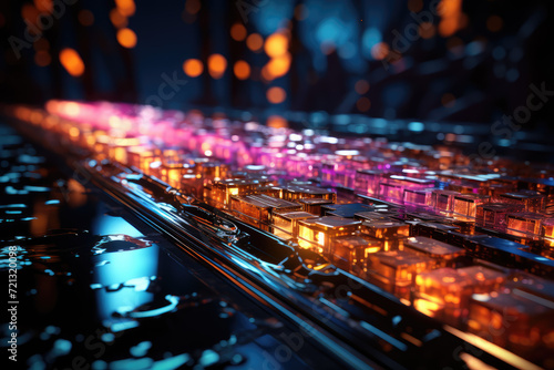 3D rendering of a futuristic city at night with lights and reflections