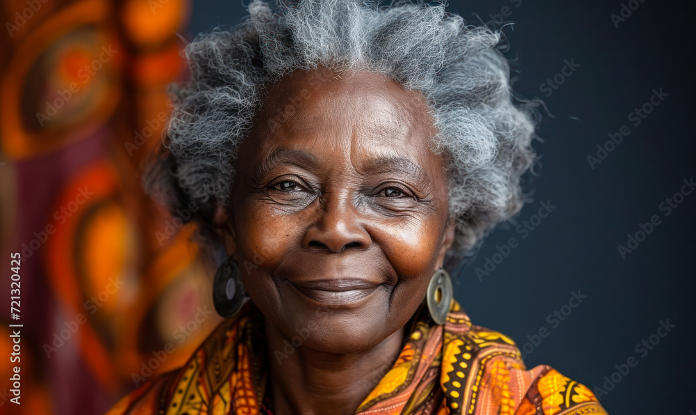 Portrait of a smiling elderly African woman with gray hair exuding warmth, wisdom, and the beauty of aging gracefully