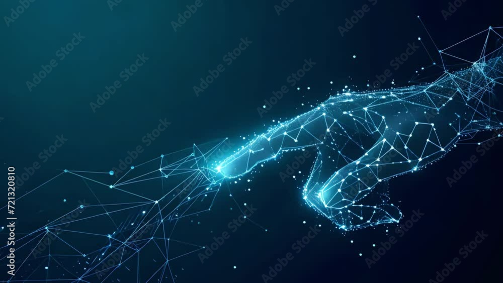 Digital image of a human hand in abstract form, consisting of luminous ...