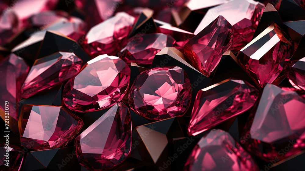 Luxurious shimmering pink and black gemstones with geometric facets, creating a vibrant mosaic of sparkling crystals Luxurious shimmering pink and black gemstones with geometric facets, creating a vibrant mosaic of sparkling crystals