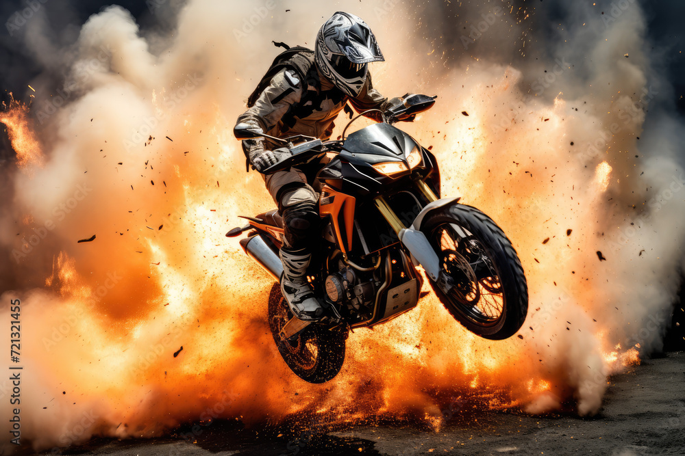 Motocross rider on a motorcycle in the flames of a fire