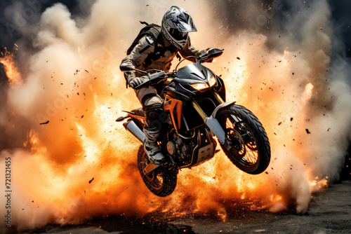Motocross rider on a motorcycle in the flames of a fire © Kitta