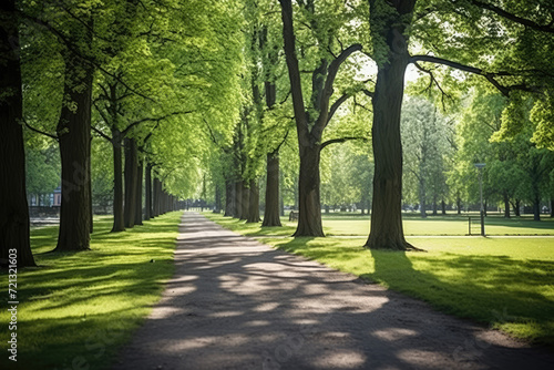 Green park with walkway and trees in spring, closeup of photo photo