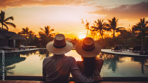 Silhouette of asian woman and man wearing hat standing at swimming pool at sunset