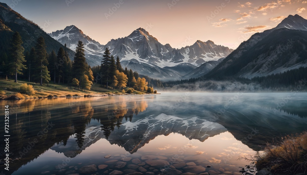 a majestic mountain landscape shrouded in mist during the early hours of dawn