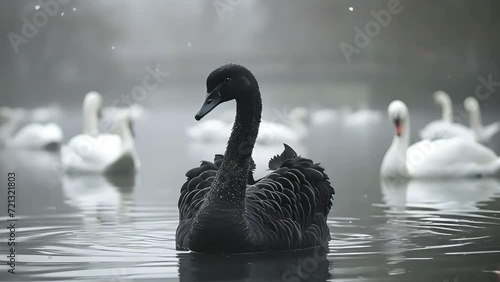A black swan among white swims in a pond. the concept of uniqueness and unexpected turn of events. Generative AI photo