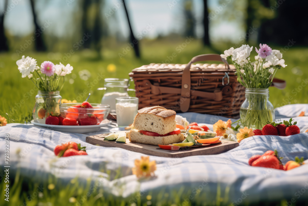 Picnic in the park. Fresh fruit and cheese sandwiches on a plate Picnic in the park. Fresh fruit and cheese sandwiches on a plate