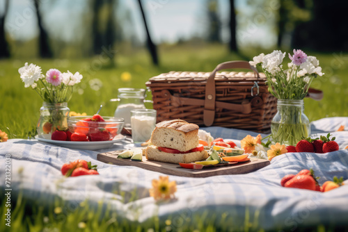 Picnic in the park. Fresh fruit and cheese sandwiches on a plate