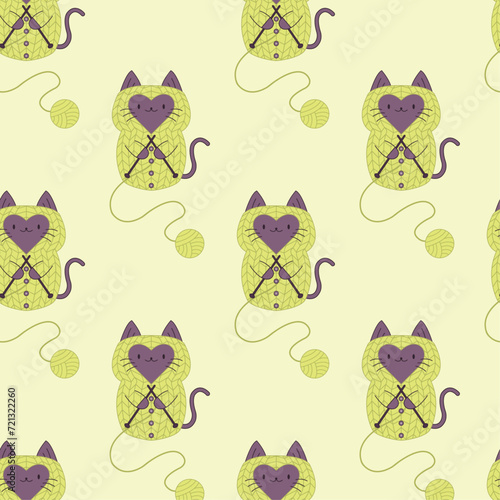 Seamless pattern with a happy cute cat with a yellow ball of wool yarn on a yellow background. The cat knits on knitting needles. Vector illustration in flat style.
