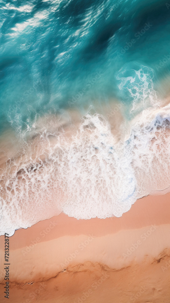 Aerial view of a tropical beach with turquoise ocean waves