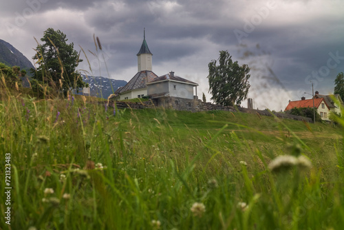 The Loen Church, a parish church of the Church of Norway, pictued here on an overcast evening, was built around 1330.