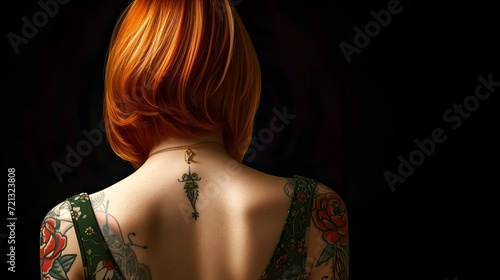 A shot of Cool digital artist from behind, female, secretary, red-haired, bob hairstyle, one side chin length and the other side sidecut, rear view photo