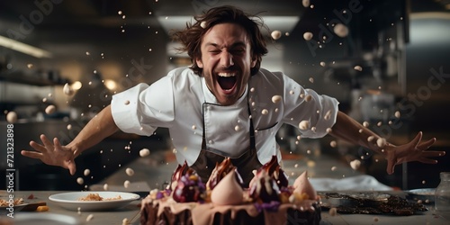 Excited chef sabotaging a cake in a creative kitchen mess. a candid shot of culinary disasters. hilarity ensues in the bakery. AI