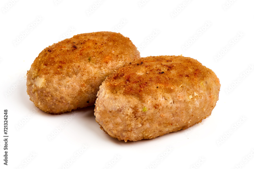 Fried pork cutlets in breadcrumbs, isolated on white background.