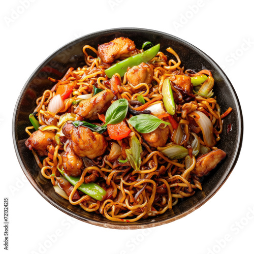 Bami, Fried noodles Asian food. Top view. Noodles with chicken and vegetables. Transparent background photo