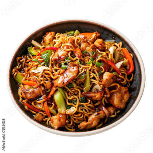 Bami, Fried noodles Asian food. Top view. Noodles with chicken and vegetables. Transparent background