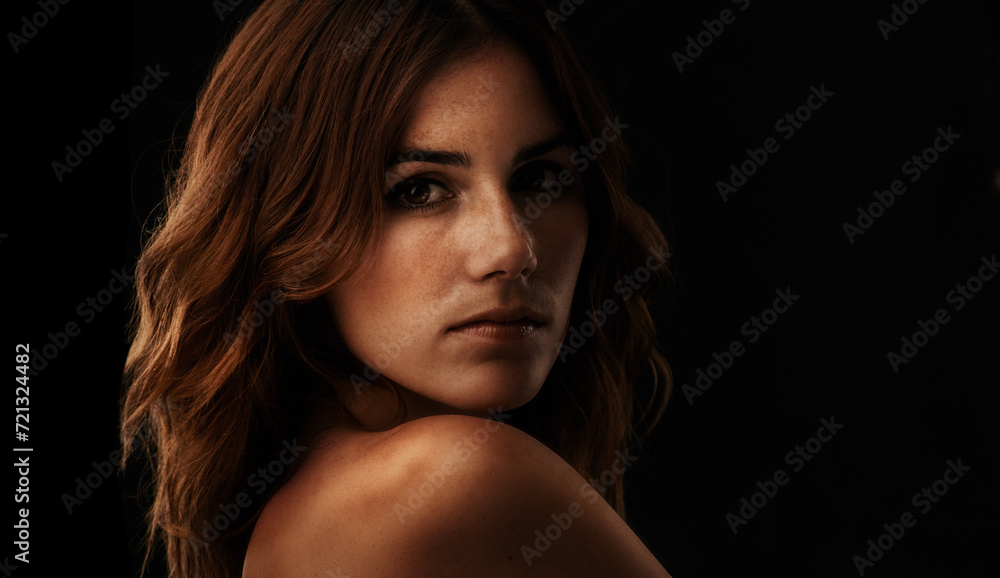 Woman, beauty and portrait with ginger hair, confidence and haircut treatment in a studio. Natural, red head and female person from Ireland with cosmetics, salon and balayage with black background Woman, beauty and portrait with ginger hair, confidence and haircut treatment in a studio. Natural, red head and female person from Ireland with cosmetics, salon and balayage with black background