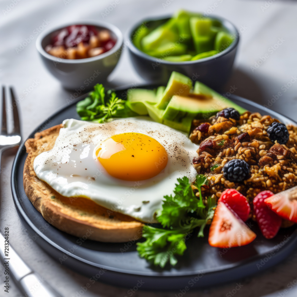 Top view of a nutritious breakfast with eggs on a board Top view of a nutritious breakfast with eggs on a board