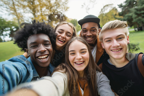 A group of happy, diverse teenagers is posing for a cheerful selfie outdoors, with a backdrop of greenery, all sharing genuine smiles.