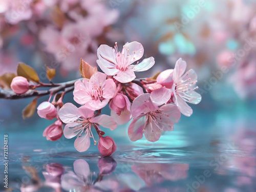 Gently pink spring flowers on a tree branch above the water and with a beautiful reflection in the water