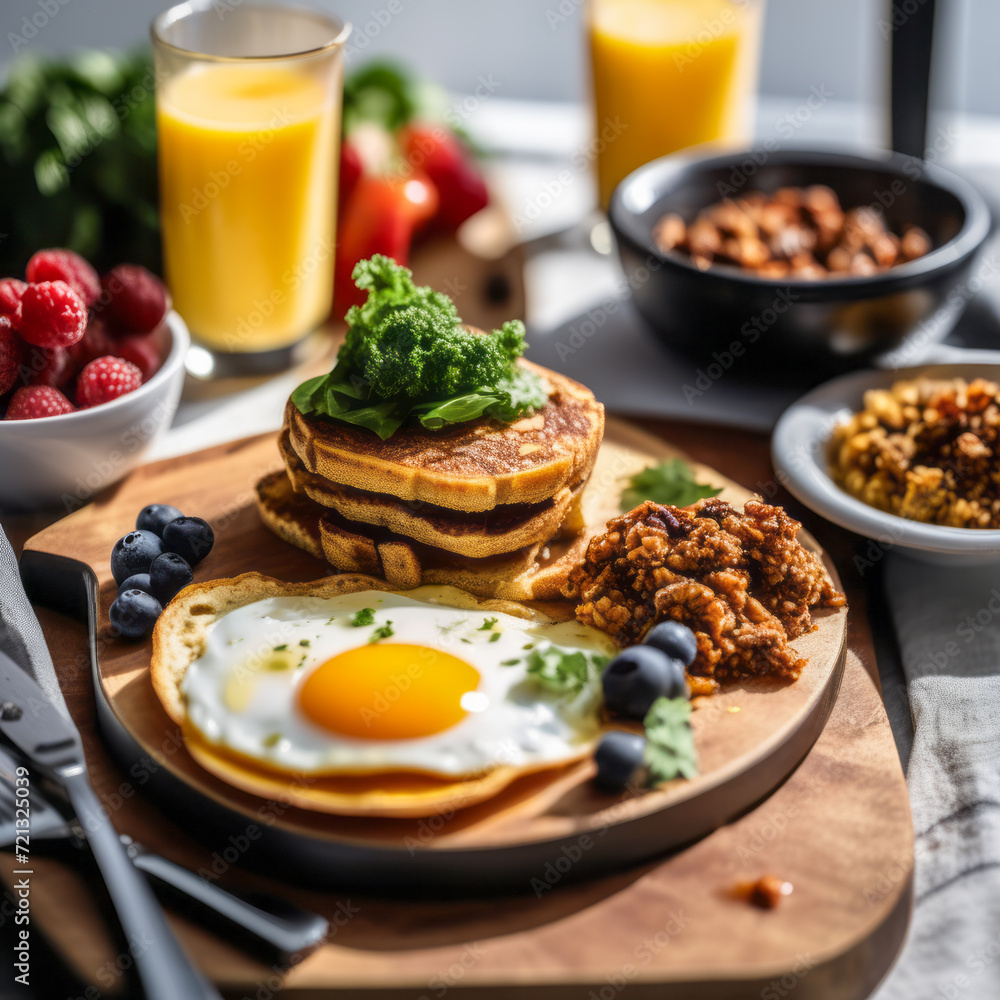 Top view of a nutritious breakfast with eggs on a board