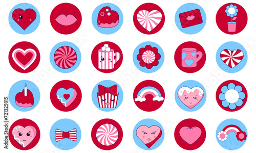 romantic set of round valentines day stickers