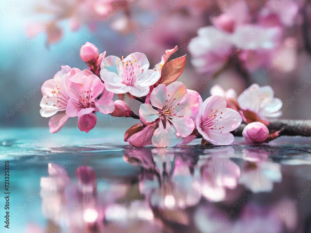 Gently pink spring flowers on a tree branch above the water and with a beautiful reflection in the water