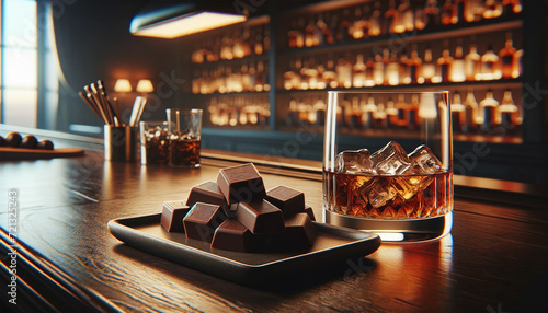 Whiskey on the rocks and chocolate at the bar photo