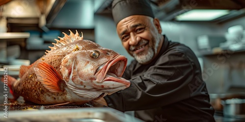 Smiling chef in a commercial kitchen holding a large fish. professional cooking, seafood cuisine. joyful culinary expert at work. AI © Irina Ukrainets
