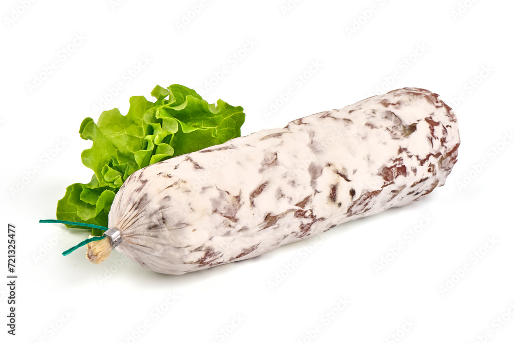 Cured salami sausage, Italian cuisine, isolated on white background. Cured salami sausage, Italian cuisine, isolated on white background.