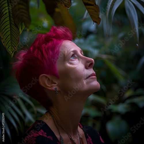 Portrait Photography, a woman, fuchsia hair, 45 years old, gazes intently into the distance, surrounded by a lush. The vibrant colors and striking contrast