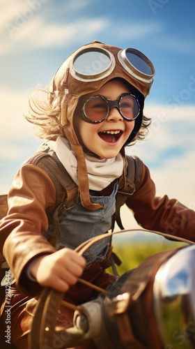 Portrait of happy little boy in aviator helmet and goggles sitting on vintage toy airplane