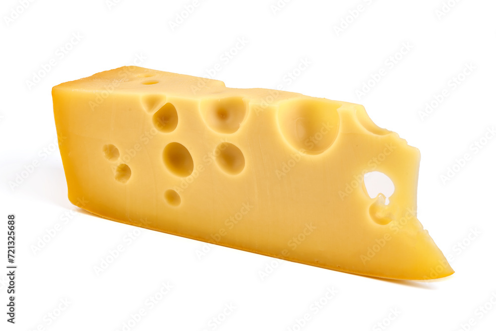 Maasdam cheese triangle, isolated on white background. High resolution image. Maasdam cheese triangle, isolated on white background. High resolution image.