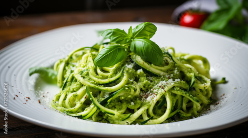 Plate of zucchini noodles with pesto sauce