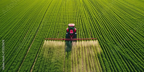 Drone view Tractor spraying fertilizer on a lush green field modern agriculture's efficiency and environmental care
