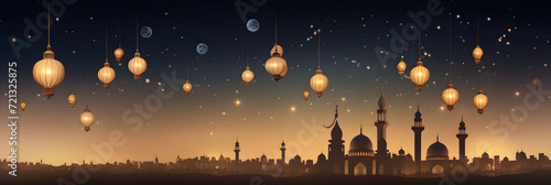 Glowing Crescent Moon and Starry Sky: A Majestic Eid Night Celebration Background
