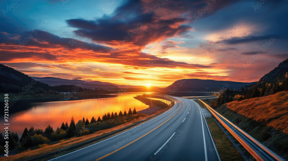 Highway through the mountains at sunset. Beautiful landscape with highway and lake .