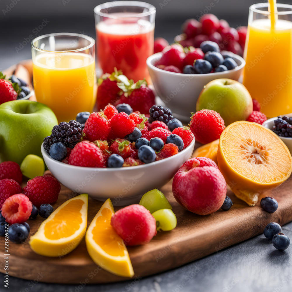 An overhead shot captures a nourishing breakfast accompanied by fresh fruits arranged on a board.
An overhead shot captures a nourishing breakfast accompanied by fresh fruits arranged on a board.