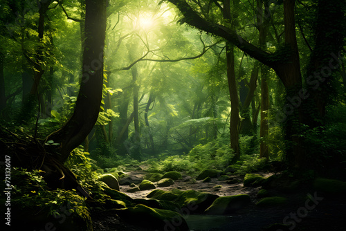 Lush green forest with sunlight filtering through background © sugastocks