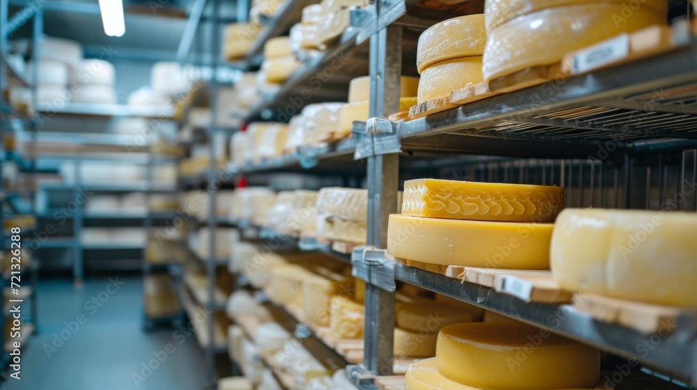 Large storehouse of manufactured cheese standing on the shelves ready to be transported to markets
