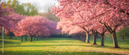 des cerisiers en fleur au printemps dans un parc avec de l'herbe bien verte photo