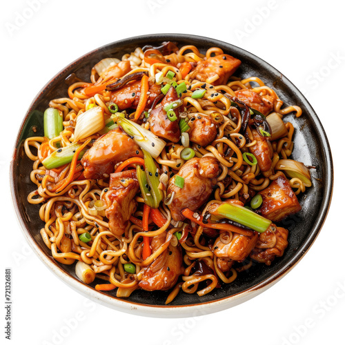 Bami, Fried noodles Asian food. Top view. Noodles with chicken and vegetables. Transparent background