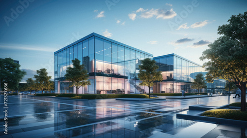 Modern office building with glass facade and reflection on floor . © Art AI Gallery