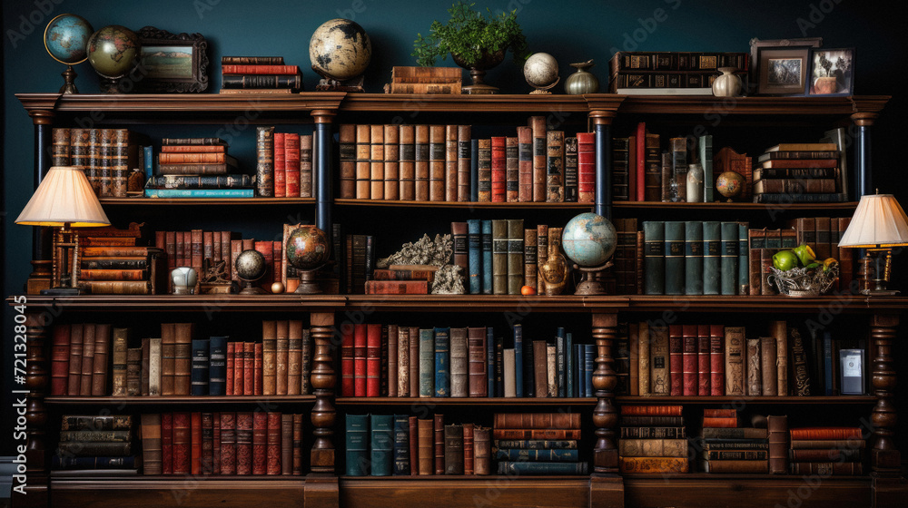 Vintage bookshelf with old books and decorations in library .
