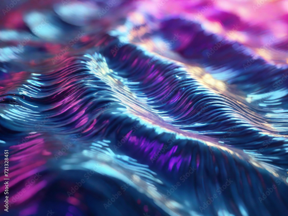 Colorful wave in bright neon color. Wave shaped holographic foil. Abstract wallpaper background. Hologram texture